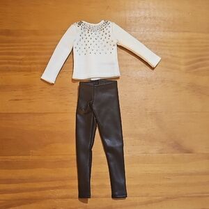 Hand Made 2 piece White studded top and black pant set for Curvy Barbie